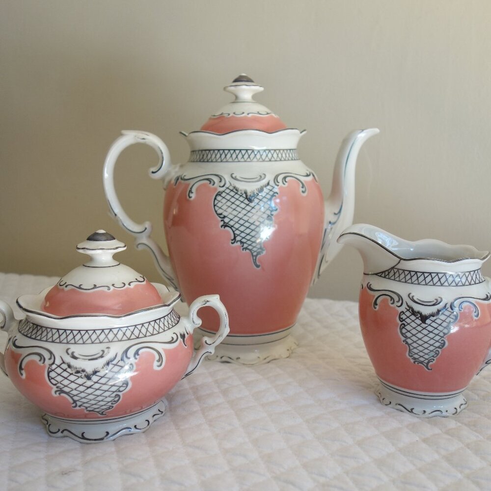 Vtg / Antique? SCHUMANN Bavaria Teapot Sugar Bowl Creamer Set – Rose / White